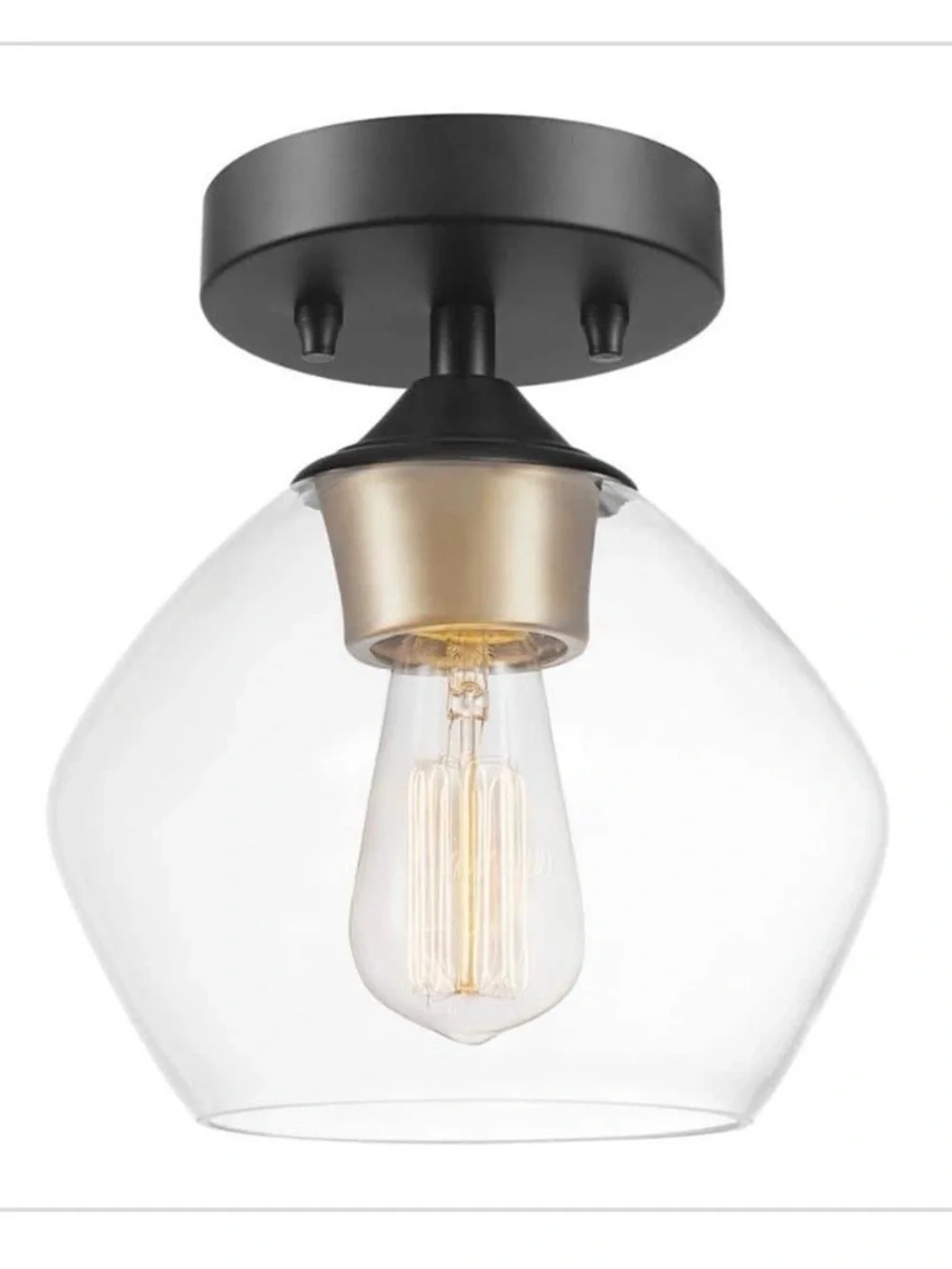 New Globe harrow Semi-Flush Ceiling Light with Clear Shade Black/Gold Accents